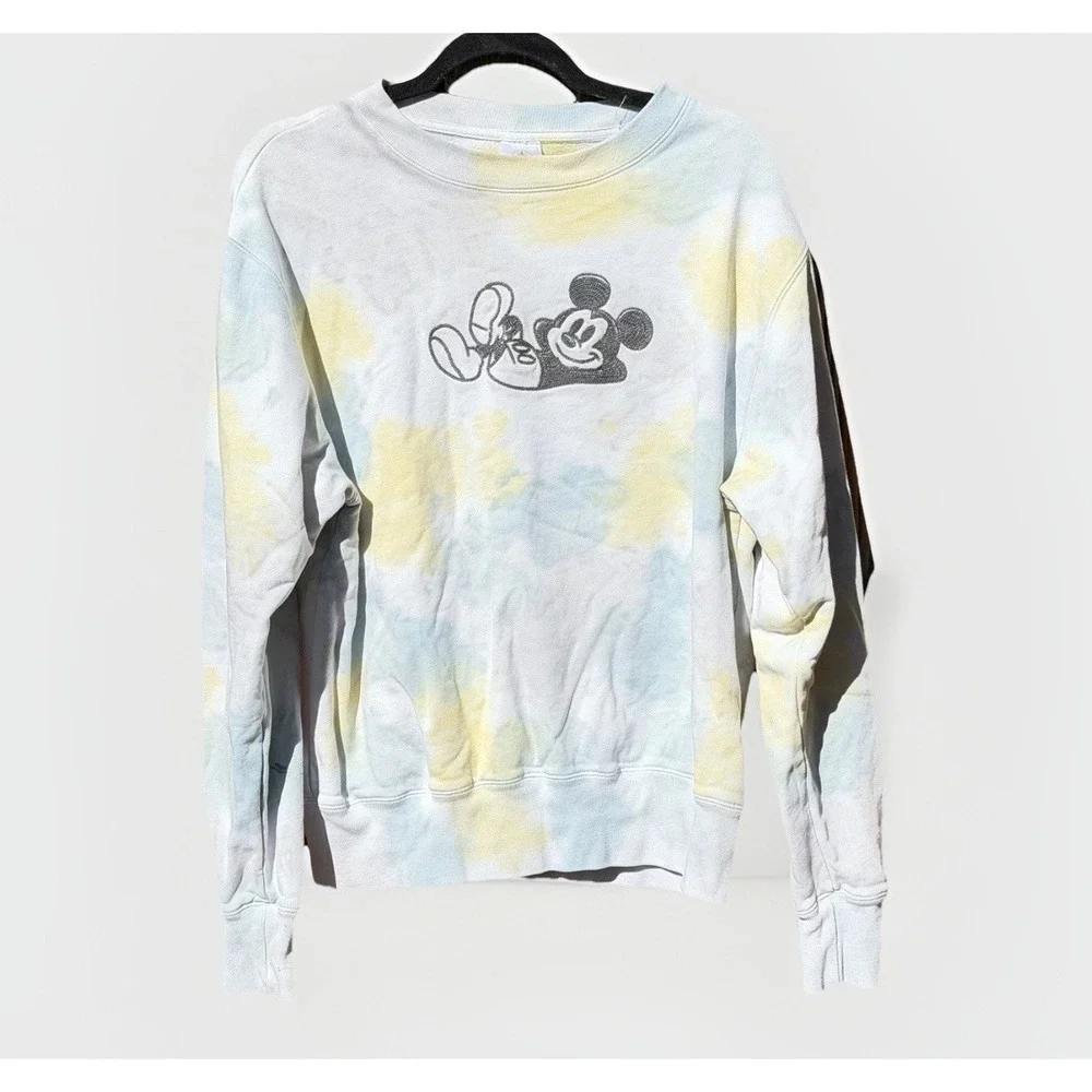 Disney Crew Neck Sweatshirt Adult S Blue Yellow Tie Dye Embroidered Mickey Mouse